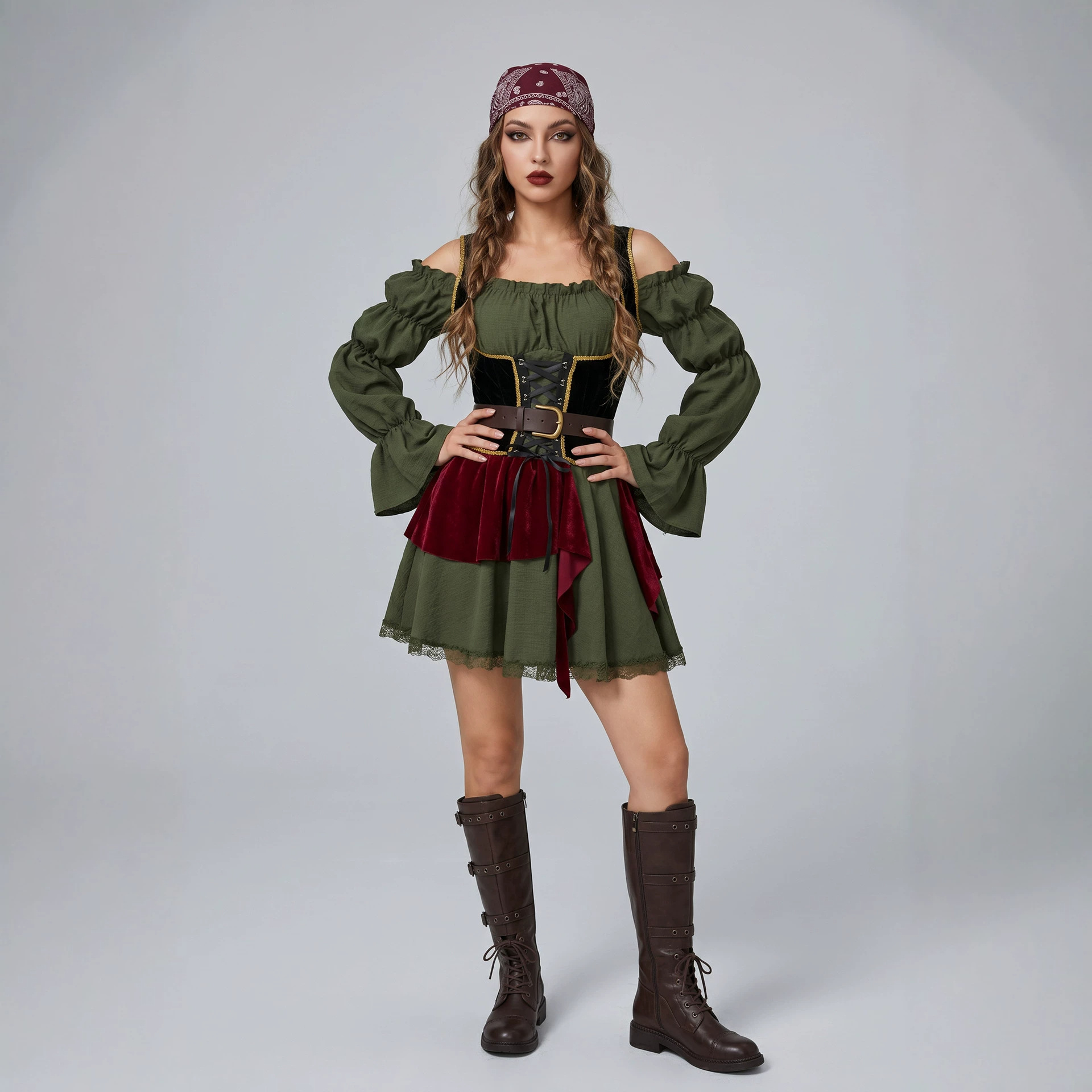 Women Vintage Pirate Dress Halloween Cosplay Costume Medieval Renaissance Outfit